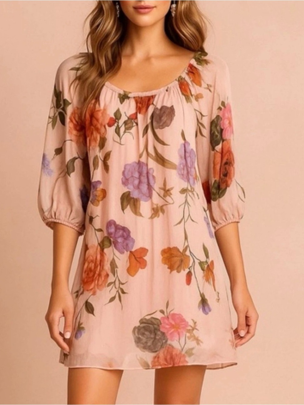 Bellambia Silk Blend Dress Blush Floral Sheer Peasant Size Large Made in Italy